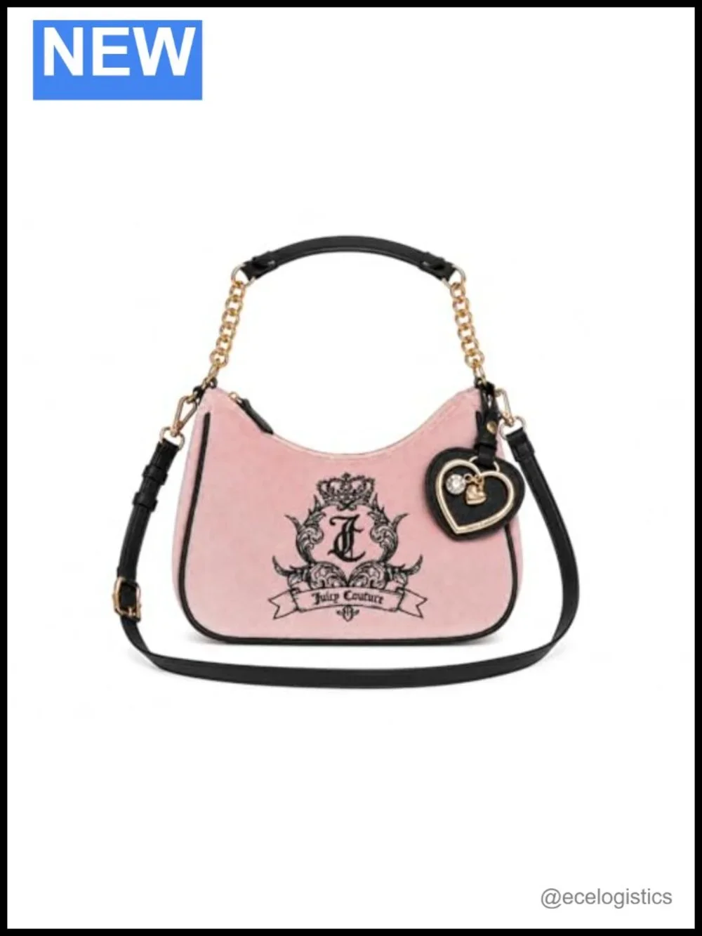 Juicy Couture Velvet Convertible Shoulder Crossbody Bag with Heart Charm, 10x7